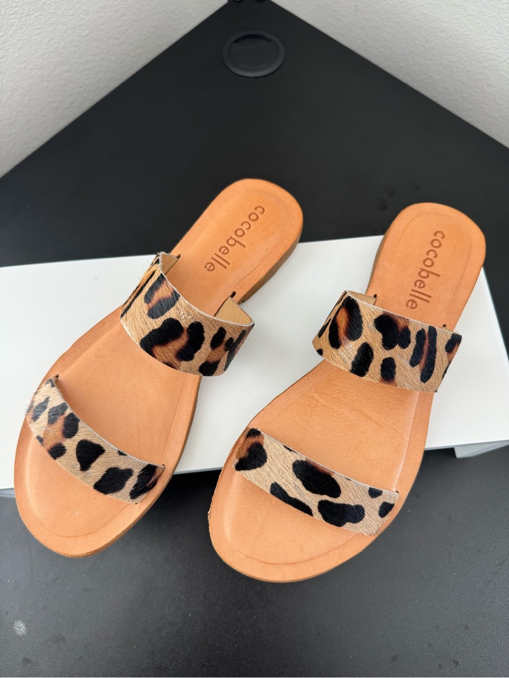 Cocobelle Leopard Print Double Strap Slide Sandals - Tan/Black - Picture 2 of 5